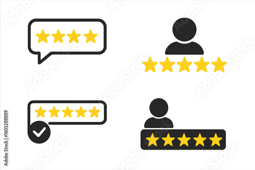 Five star customer rating icons set, positive review symbols, excellent service feedback signs, user experience satisfaction, best client recommendation concept, quality rating graphics