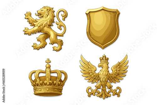 Golden heraldic symbols set with rampant lion, royal crown, blank shield, crowned eagle, coat of arms insignia elements, metallic vector illustration on transparent background