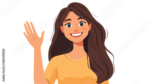 Cheerful woman waving hi gesture in greeting professional image