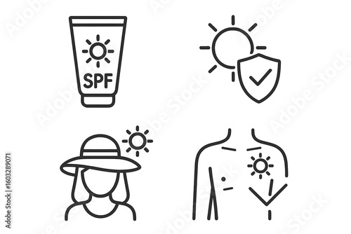 Sun protection line icon set. Sunscreen SPF, UV shield, sun hat, sunburn risk. Summer skin care safety concept. Sunblock cosmetic cream vector symbols for web, apps.