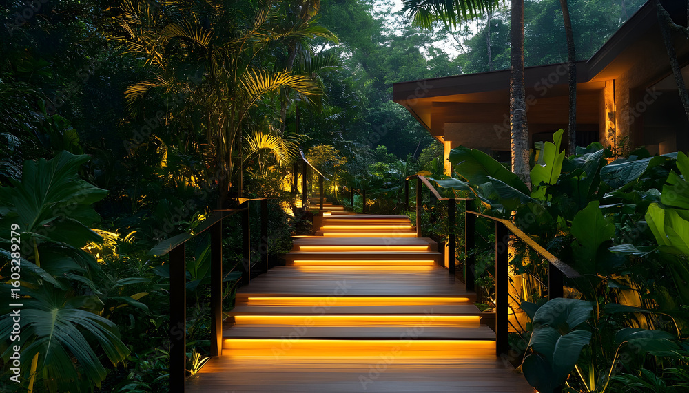 Obraz premium Illuminated platform surrounded by tropical foliage in warm lighting