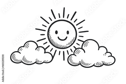 Hand drawn smiling sun with rays and fluffy clouds doodle sketch. Cartoon vintage engraving style weather icon outline. Monochrome vector illustration clipart on transparent background
