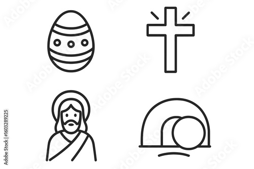 Set of 4 Easter line icons. Holy Christian holiday symbols. Jesus Christ, cross, resurrection empty tomb, and egg. Religious outline vector illustration collection.