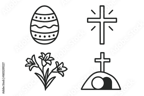 Set of 4 Linear Style Easter and Christian Religious Holiday Line Icons, Outline Vector Illustration Collection, Holy Symbols, Christian Faith, Spring Celebration, Transparent Background