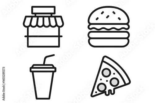 Fast food line icon set with hamburger, pizza slice, soda drink, and food court stall. Vector outline pictograms for takeaway menu, restaurant, delivery, or quick meals.