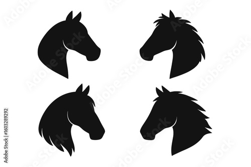 Stylish Horse Head Silhouette Collection. Elegant Black Vector Set. Four Isolated Horse Profiles. Modern Animal Icon Design for Logo, Emblem, Equestrian Branding, Ranch and Farm Artwork