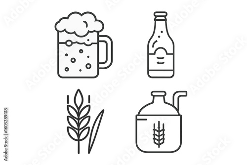 Linear Style Beer Brewing Icon Set – Craft Beer Mug, Bottle, Wheat, Malt, Distillery Outline – Alcoholic and Non-Alcoholic Drinks Concept Collection for Brewery, Pub, Bar, Restaurant, Craft Beverages