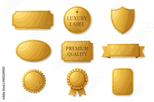 Gold Luxury Label Badge and Ribbon Collection. Set of Blank Golden Award Badges, Shields, Medals, Ribbon Banners, Oval, Round and Rectangle Shapes. Realistic Vector Elements on White Background