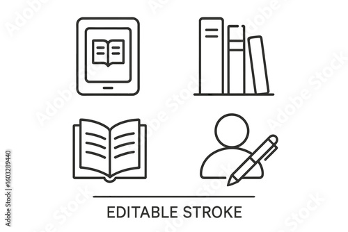 Linear Style Book and Reading Icons Set. E-Book, Library, Literature, Author, Writing, and Education Symbols. Outline Icons Collection for Infographics, Apps, Websites. Editable Stroke