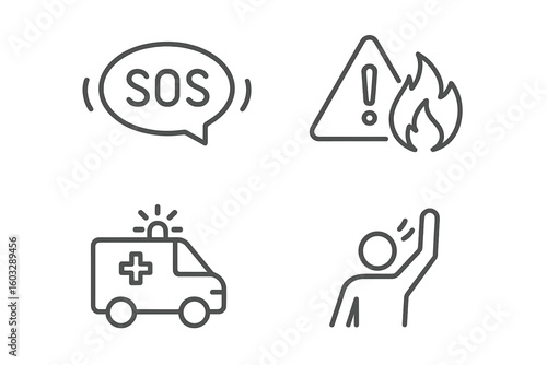 Emergency and Disaster Outline Icon Set – Linear SOS, Fire Alert, Ambulance, Rescue Person Signal, Incident and Accident Pictograms for Safety, Assistance, Urgent Help, Crisis Prevention