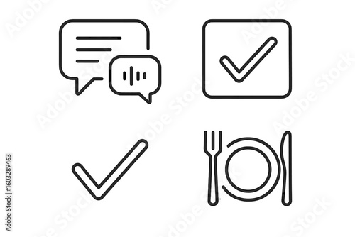 Minimalist Line Icons Set – Speech Bubble, Conversation, Chat, Audio Message, Check Mark, Plate and Cutlery – Communication and Restaurant Concept, Linear Style, Outline Collection