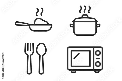 Modern Cooking Kitchen Line Icons Set – Fry Pan, Cooking Pot, Cutlery, Microwave – Minimalist Food Preparation, Kitchenware, Household Appliances, Utensils Vector Collection