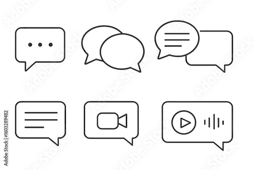Communication Media Message Bubble Outline Icon Set. Chat, Dialogue, Text, Video, Audio, Conversation, Discussion, Social Networks, Voice Message. Internet Communication Symbols