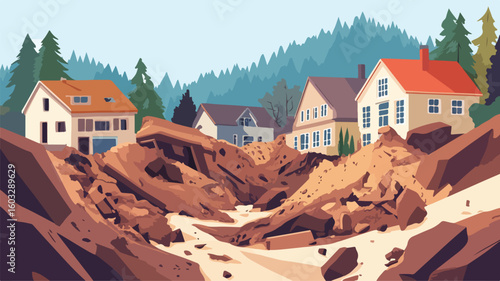 Devastating Landslide Catastrophe - Illustration of Landslip Calamity and Broken Formation in Natural Disaster