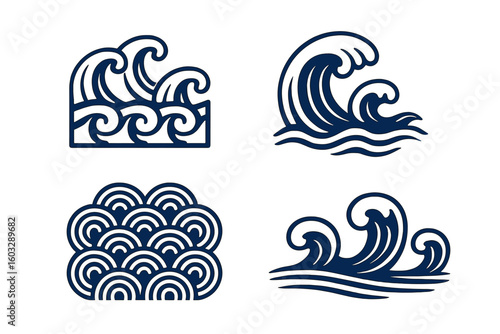 Japanese traditional ocean wave symbols set, oriental ukiyo-e seigaiha pattern crest, blue nautical water surf swirl clipart, minimalist line art vector icons for logo ink design