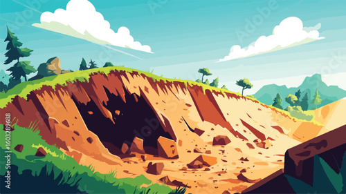 Devastating Landslide Catastrophe - Illustration of Landslip Calamity and Broken Formation in Natural Disaster