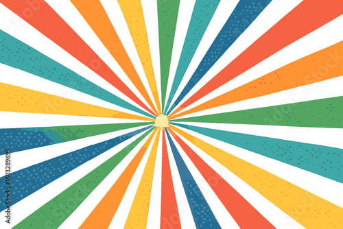 Vibrant rainbow sunburst halftone radial rays comic style background vector illustration. Retro pop art explosive sunshine pattern, colorful spectrum beams for summer poster, design banner wallpaper