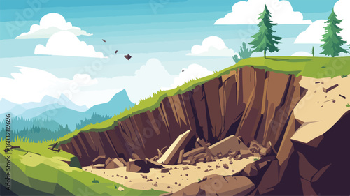 Devastating Landslide Catastrophe - Illustration of Landslip Calamity and Broken Formation in Natural Disaster