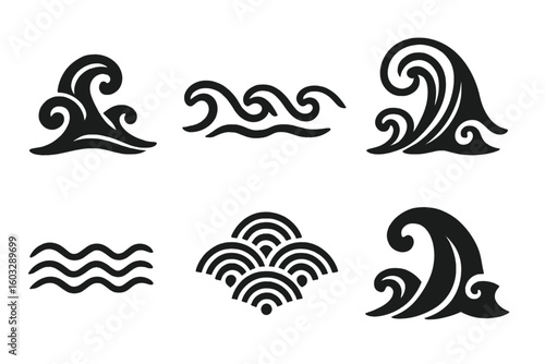 Traditional Japanese Oriental Wave Icon Set. Black Monochrome Water Wave Symbols, Asian Ocean Wave Decorative Elements, Japanese Seigaiha Pattern. Flat Ink Style, Isolated, Transparent Background