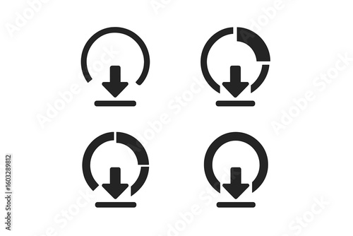Vector download progress bar icon set. Circular loading indicator with arrow symbol for data transfer, file update, and software install. UI UX web design element collection.