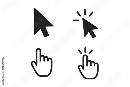 Set of computer mouse cursors with arrow and hand pointers. Click icon collection for web buttons and links. User interface elements for navigation, selection, and pointing.