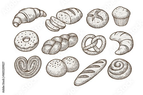 Hand drawn bakery products vintage sketch set. Rustic bread, croissant, pretzel, muffin, doughnut, rolls, pastries, braided loaf, transparent background, retro artisan baked goods illustration