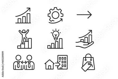 Business growth outline icons: upward bar graph, efficiency cogwheel, forward arrow, celebrating figure, lightbulb, hand holding profit, partnership exchange, retail shopping bag
