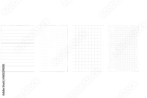 Set of realistic notebook paper sheets. Lined, dotted, and checkered grid patterns. School copybook page template for notes, math, or bullet journal. Vector background.