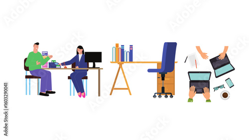 Dynamic business scene showing a team collaborating, working on laptops, reviewing finances, and managing accounting in a modern office environment