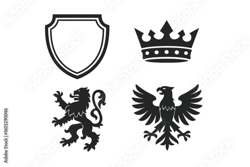 Royal Heraldic Elements Collection. Shield, Crown, Lion, Eagle Vector Set. Medieval Crest Symbols Set. Coat of Arms Icons. Heraldry Design Isolated on Transparent Background