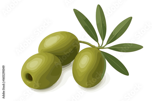Realistic Green Olives with Leaves Isolated on White Background, Gourmet Mediterranean Food Clipart, Fresh Juicy Whole Olive Fruit, Culinary Ingredient, Vegan Snack, Healthy Diet Concept Vector
