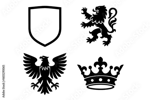 Royal Heraldic Symbols Vector Set—Lion Rampant, Eagle Emblem, Crown Icon, Blank Shield Crest, Transparent Background, Medieval Coat of Arms Elements, Antique Heraldry Design
