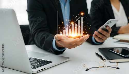 Businessman holding virtual graph with rising arrow symbolizing business success and financial growth