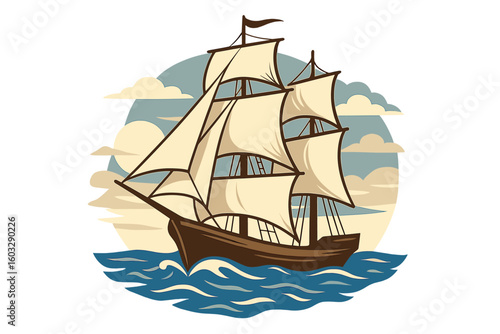 Vintage sailing ship with billowing cream sails on rolling ocean waves at sunset, nautical adventure exploration illustration, clip art for travel and sea voyage concepts