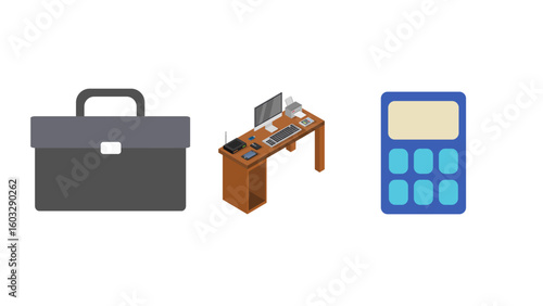 Office essentials arranged for success: Briefcase, desk setup with computer and calculator, ready for a productive workday in a modern professional setting
