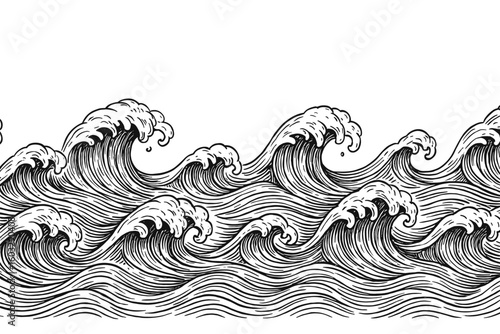 Hand Drawn Ocean Wave Seamless Pattern Vector Illustration, Dramatic Sea Surf, Dynamic Black and White Water Background, Vintage Engraved Style, Nautical Coastal Design Element, Endless Repeat