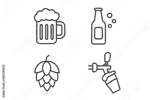 Beer Brewing and Dispensing Line Icons Collection. Outline Icons Set. Beer Mug, Bottle, Hop Plant, Tap with Glass. Pub Brewery, Alcoholic Beverage Concepts. Editable Linear Vector Isolated.