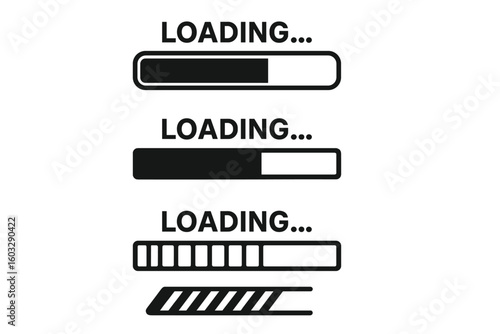 Loading progress bar icon set. Vector collection of status indicators for web design and applications. UI UX elements for upload, download, and buffering process.