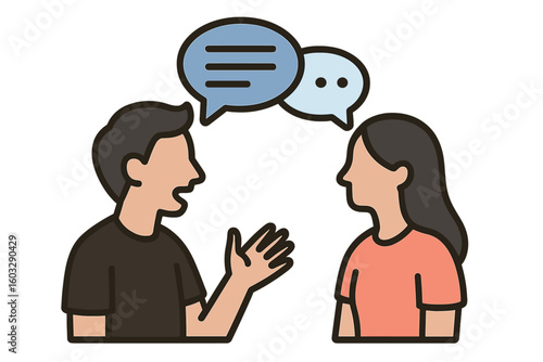 Conversation, Communication, People Talking, Speaking and Listening, Dialogue, Interaction, Male and Female Characters, Speech Bubble, Social Skills, Discussion, Vector Illustration