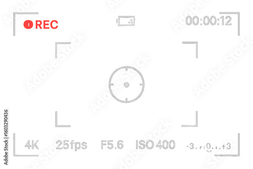 Camera Viewfinder Display Interface Overlay. Digital Video and Photo Recording Screen Frame. 4K UI with REC Indicator, Battery, Timer, Focus, ISO, FPS Settings, Photography Technology Concept Template