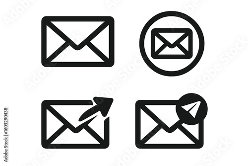 Business Email Icons Set, Envelope Symbol Collection, Black Minimalist Communication Emblems, Forward and Send Action Mail Signs, Transparent Background, Vector Art, Digital Messaging Concept