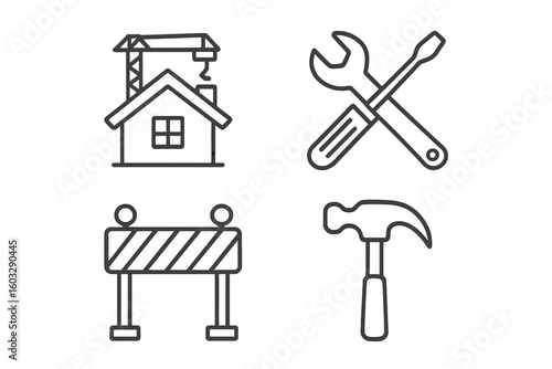 Construction and renovation outline icon set: house under crane, crossed screwdriver and wrench, safety barrier, claw hammer. Thin line vector symbols for building, web and app UI.