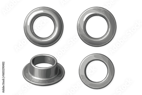 Realistic Metallic Grommet Ring Set, Four Piece Vector Collection, Eyelet Hardware Illustration, Polished Silver Steel Washer Components Isolated, Industrial Fastener Elements Transparent Background