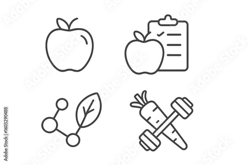 Healthy Lifestyle Nutrition Line Icons Set – Apple, Diet Checklist, Molecular Leaf, Carrot Fitness Dumbbell – Clean Minimal Vector for Web, Apps, Wellness, Diet, Organic Food Concepts, Editable Stroke