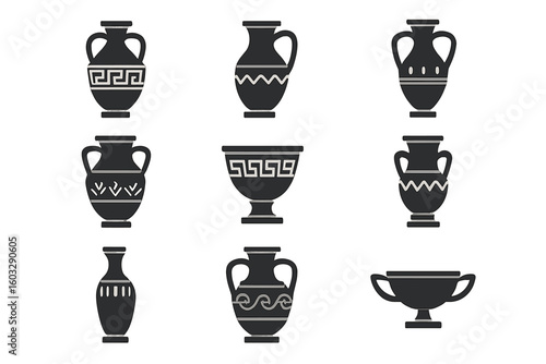 Monochrome Ancient Greek Vase Icons Set – Black Pottery Collection with Decorative Patterns, Amphora, Krater, Kylix, Hydria, and Jug Silhouettes on Transparent Background