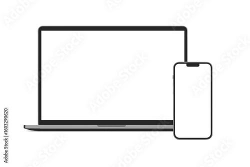 Laptop and smartphone mockup with blank screen. Modern computer and mobile phone with empty display for website, app, UI, UX presentation. Realistic device frame vector.