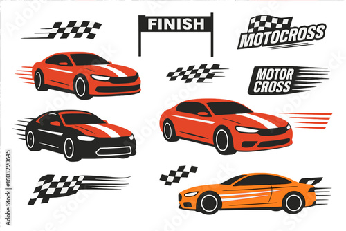 Vector Set of Racing Cars, Dynamic Motion Stripes, Angled Checkered Flags, Finish Line Banner, Motocross and Motorsport Labels, Speed Elements, Competition Performance Symbol
