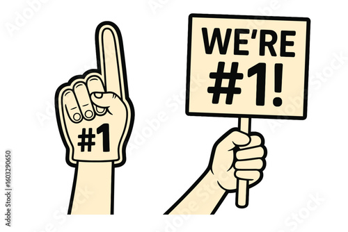 Vector illustration of number one sports fan hands holding foam finger with vibrant colors, transparent background, cheering gesture for stadium, game day, fan enthusiasm, sports support
