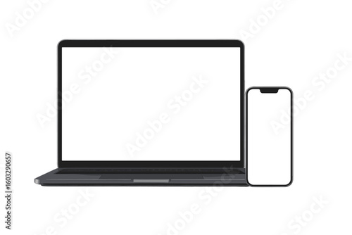Laptop computer and smartphone mockup with blank screen. Modern mobile phone and pc device with empty display for UI, UX, app or website presentation. Responsive design template.