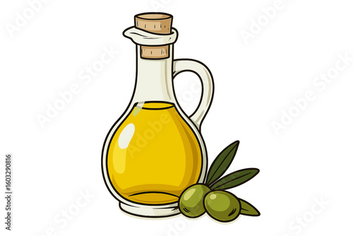 Extra virgin olive oil decanter bottle illustration, glossy glass cruet filled with golden liquid, green olives, mediterranean cooking ingredient transparent vector clipart